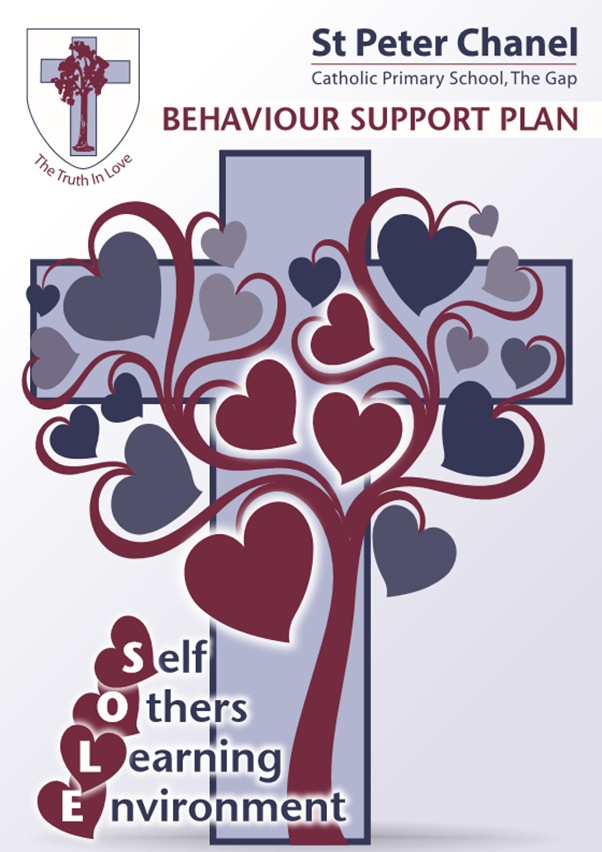 Behaviour Support Plan graphic illustrating a whole‑school approach to care for self, others and the learning environment, grounded in faith, love and restorative relationships at St Peter Chanel Primary School