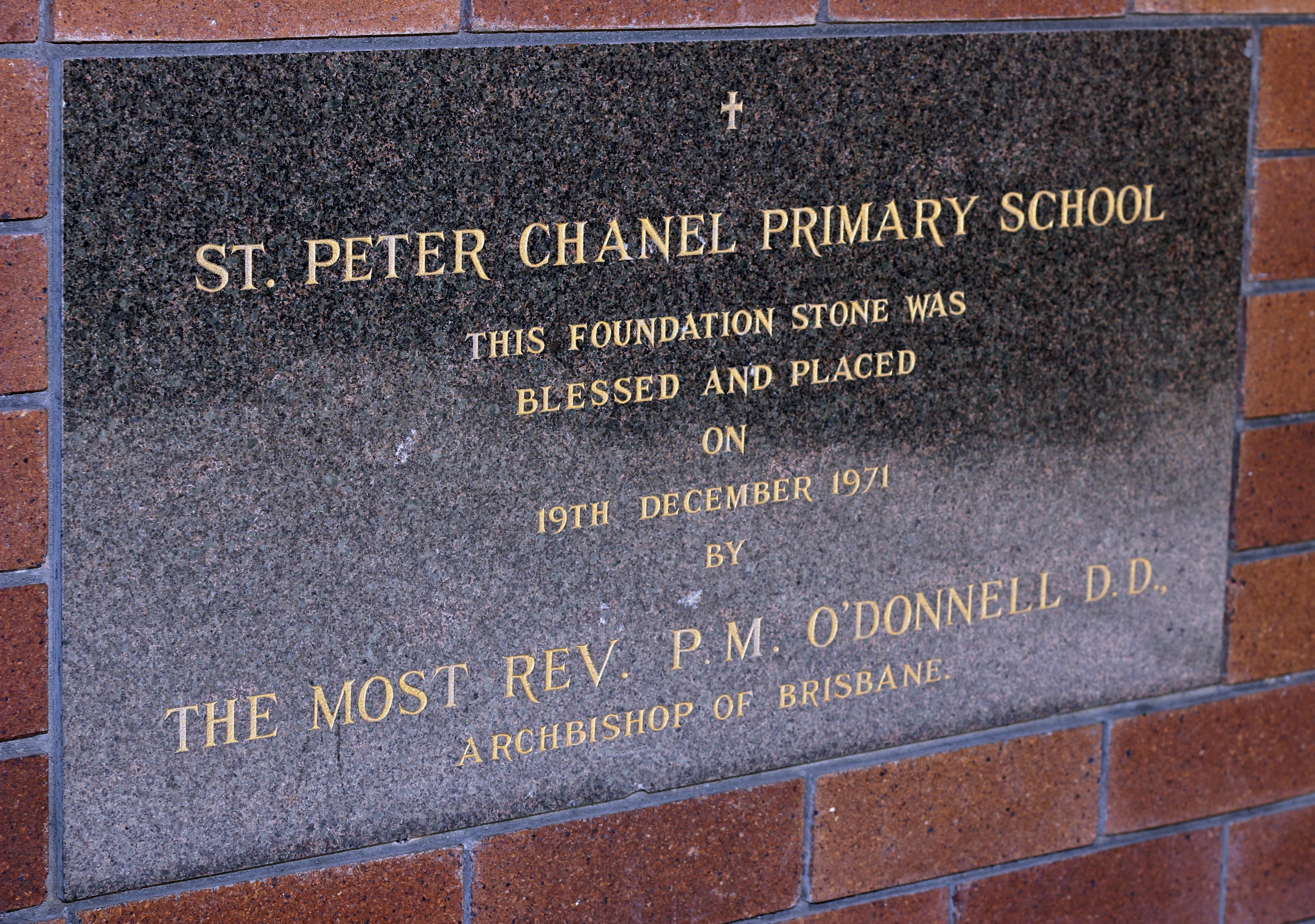 Foundation stone at St Peter Chanel Primary School marking the blessing and establishment of the school in 1971, reflecting the school’s faith heritage and beginnings