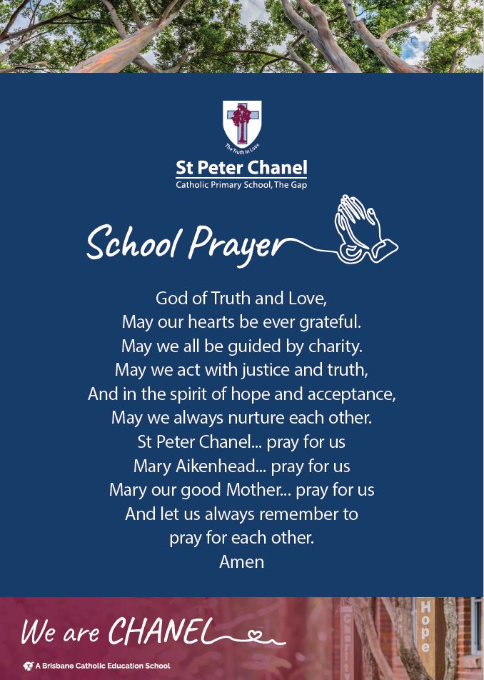 School prayer poster for St Peter Chanel Primary School, expressing faith, gratitude, charity, justice and community support within a Catholic learning environment