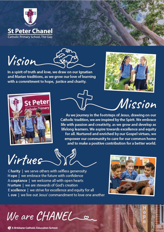 Infographic outlining St Peter Chanel Primary School’s vision, mission and virtues, showing how faith, learning and community values guide teaching, relationships and student growth within a Catholic education setting