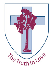 St Peter Chanel Primary School logo featuring a cross and vine with the motto The Truth in Love, representing Catholic identity, faith and values‑led learning